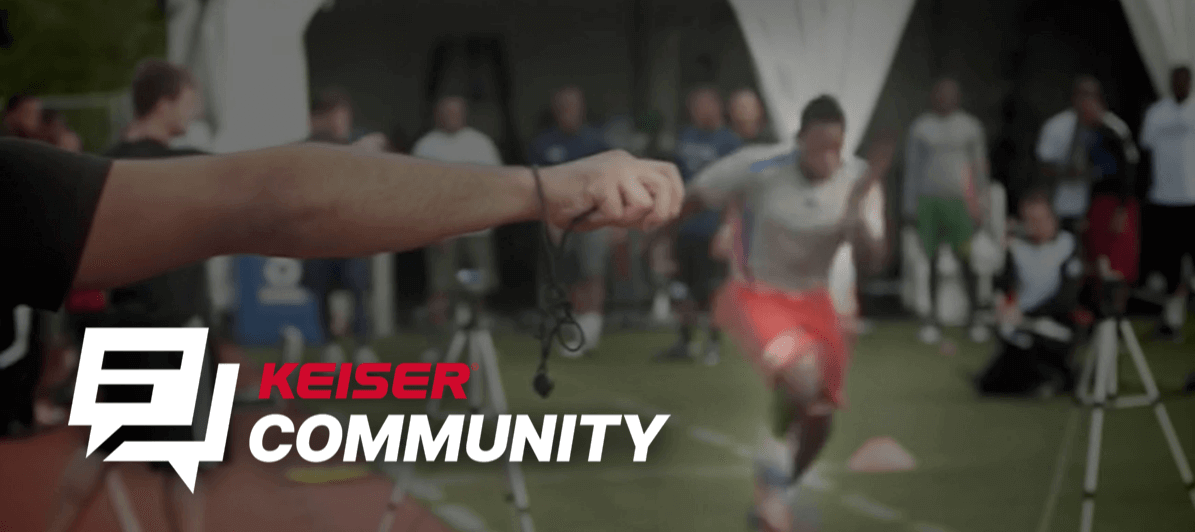 Banner image of the Keiser community, featuring a runner and coach with a timer stopwatch.